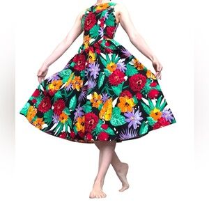Vintage 90s Tropical Floral Midi Dress Size Medium Colorful Princess Resortwear